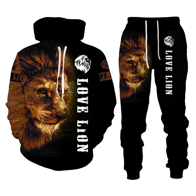 Autumn Winter 3D The Lion King Printed Long Sleeve Men's Clothing Suit Men's Hooded Sweater Set Men's Sportswear Tracksuit