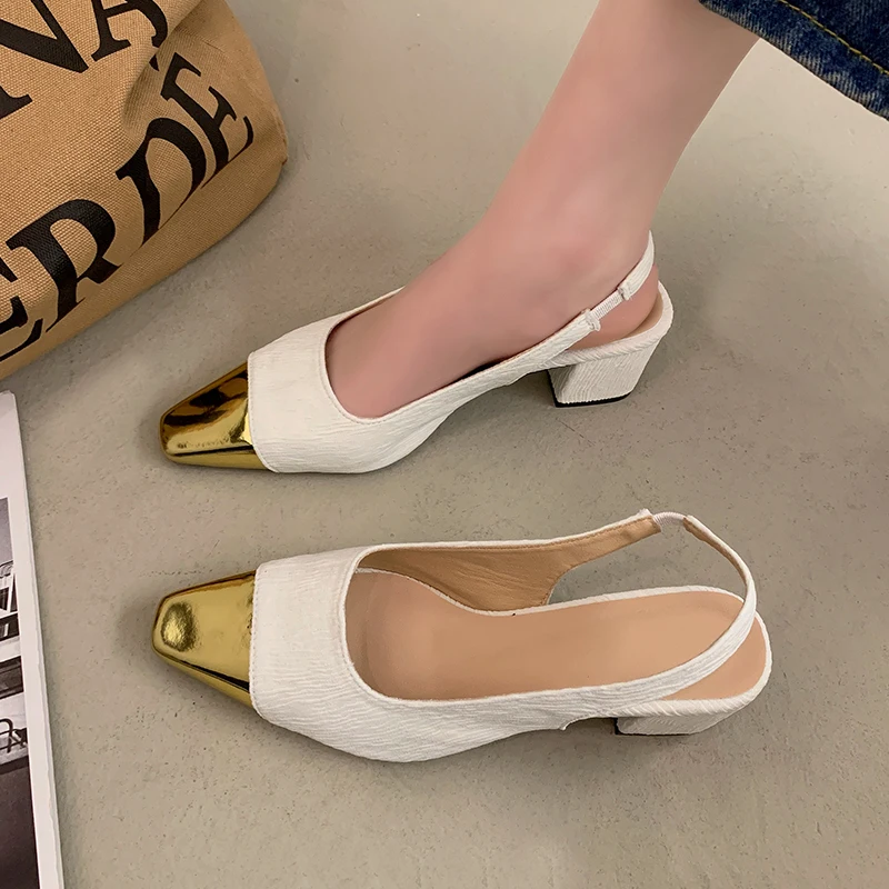 

Beige Heeled Sandals 2023 Women's Ladies Shoes Summer Square Toe Black New High Block Comfort Retro Spring Girls Low Buckle Stra