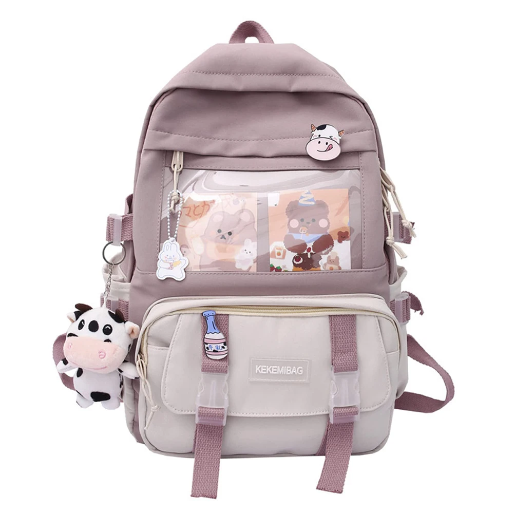 

Women Cute Contrast Color Knapsack School Patchwork Canvas Handbags with Badge