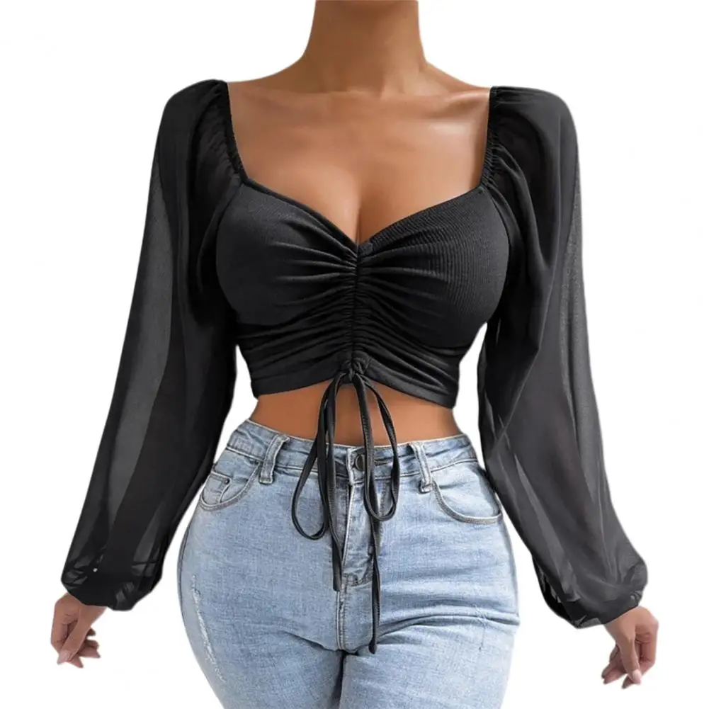 

Fashion Wrinkled Frenulum Pit Stripe Patchwork Shirt Sexy Deep V-Neck Lantern Long Sleeve Pullover Tops Ladies Street Blouses