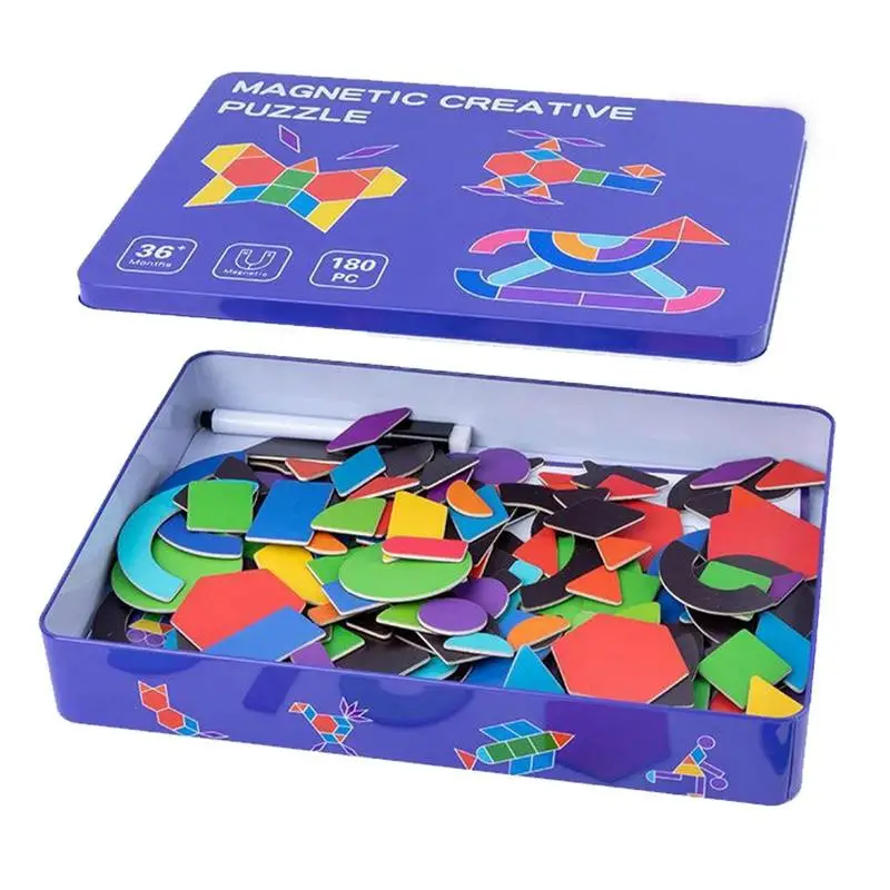 

Magnetic Pattern Blocks Shapes Geometric Tangram Puzzle Manipulative Brain Teasers Toy Montessori Magnet Board Puzzle STEM Gifts