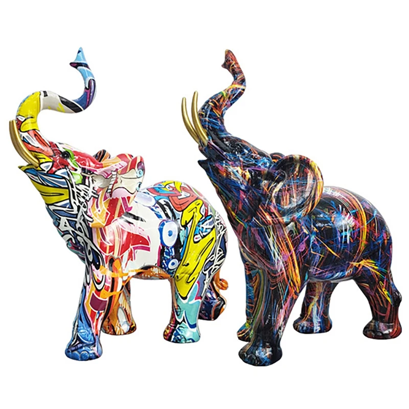 

Nordic Painting Graffiti Elephant Sculpture Figurine Colorful Art Elephant Statue Creative Resin Animal Statue Decor