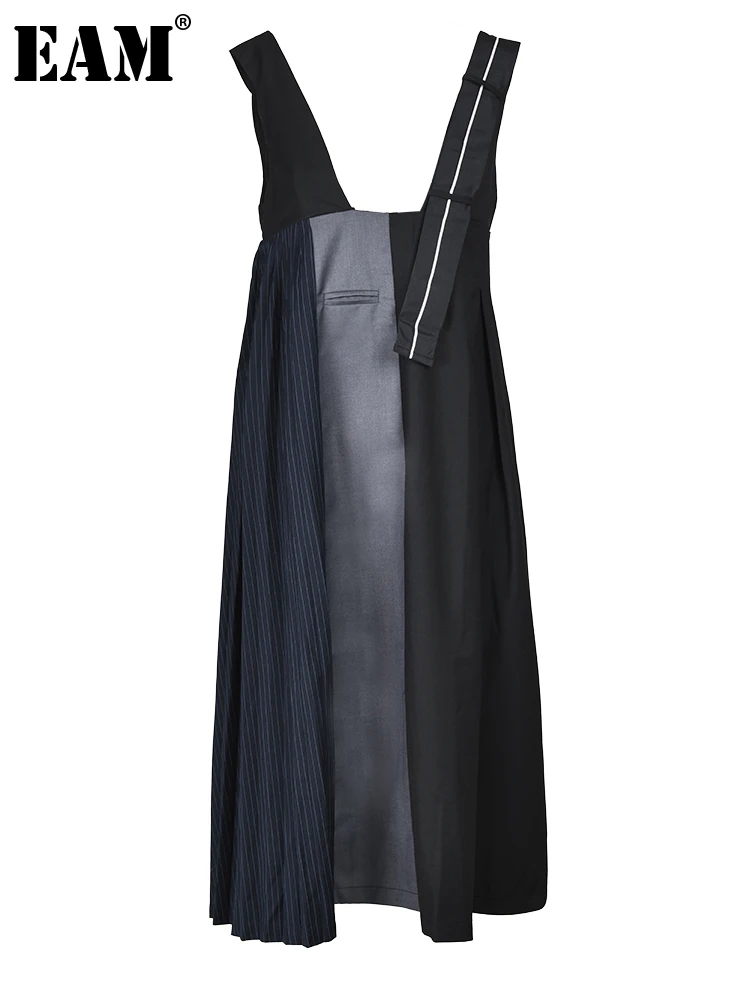 

[EAM] Women Black Color-block Pleated Long Strap Dress New Square Collar Sleeveless Loose Fashion Spring Summer 2023 1DE754501