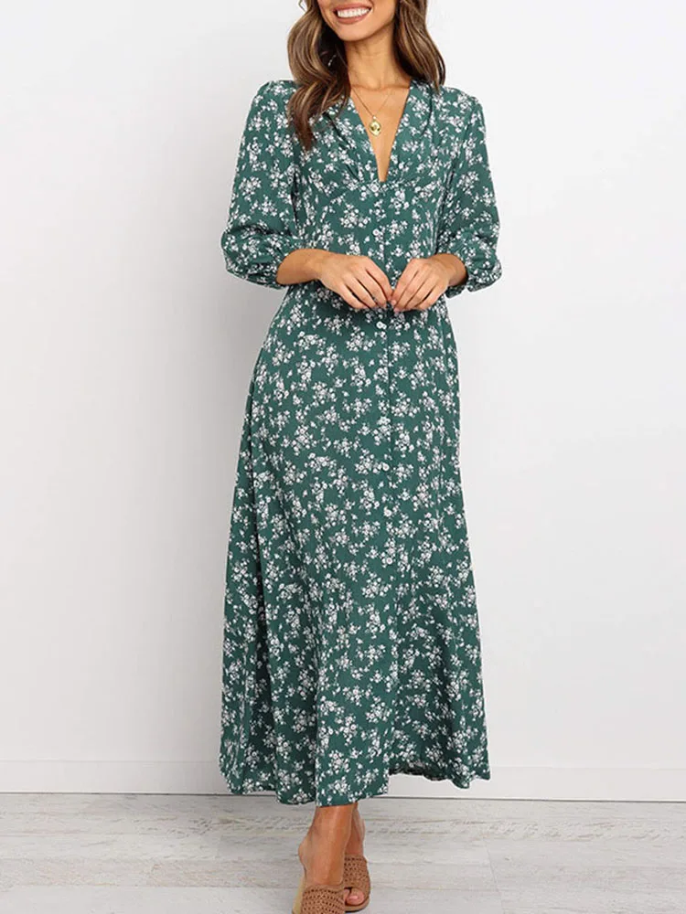 

Women Chiffon Long Dress Floral Print Lantern Sleeve A-line Maxi Vestidos Autumn New Elegant Vintage V Neck Winter Dresses