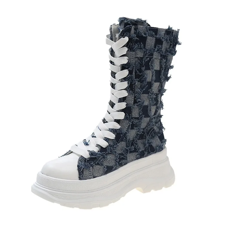 Женские ботинки с перекрестной шнуровкой на молнии сбоку до середины икры