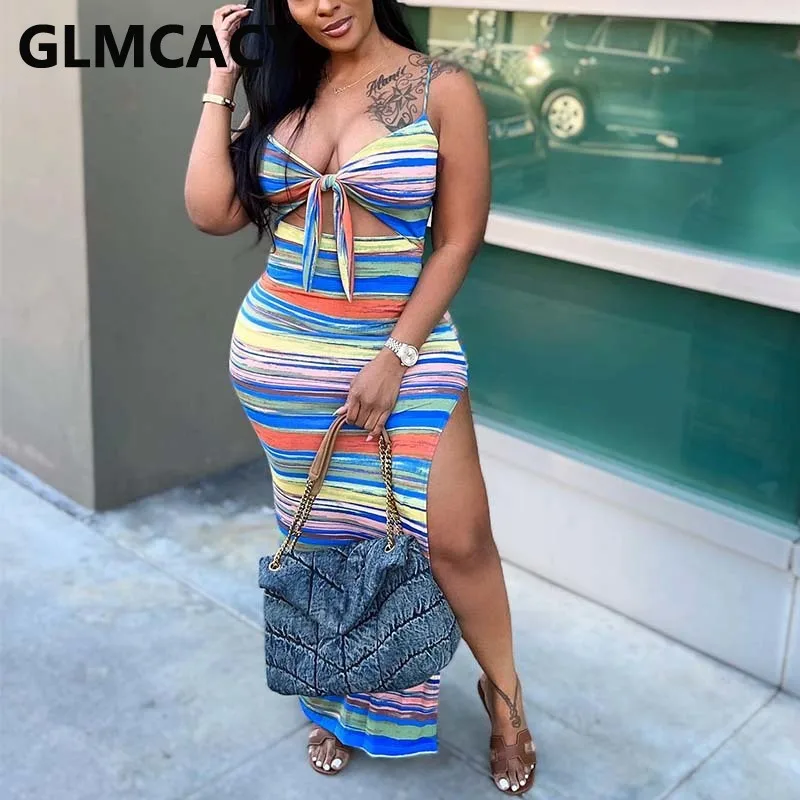 

Women Spaghetti Strap Tie Front Striped Dress Sexy Summer Slit Party Dress