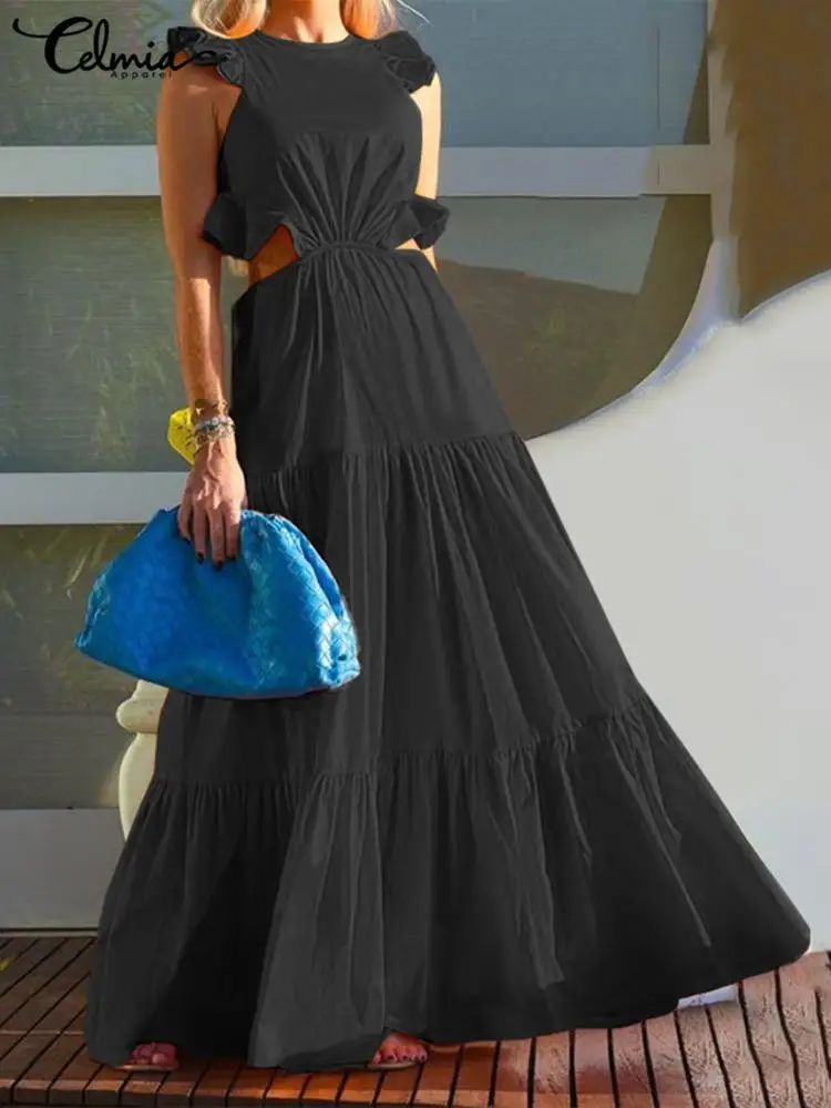 

Celmia Women Party Maxi Robes Pleated Ruffle 2022 Summer Sleeveless Dress Waist Hollow Out Holiday Sexy Backless Long Vestidos