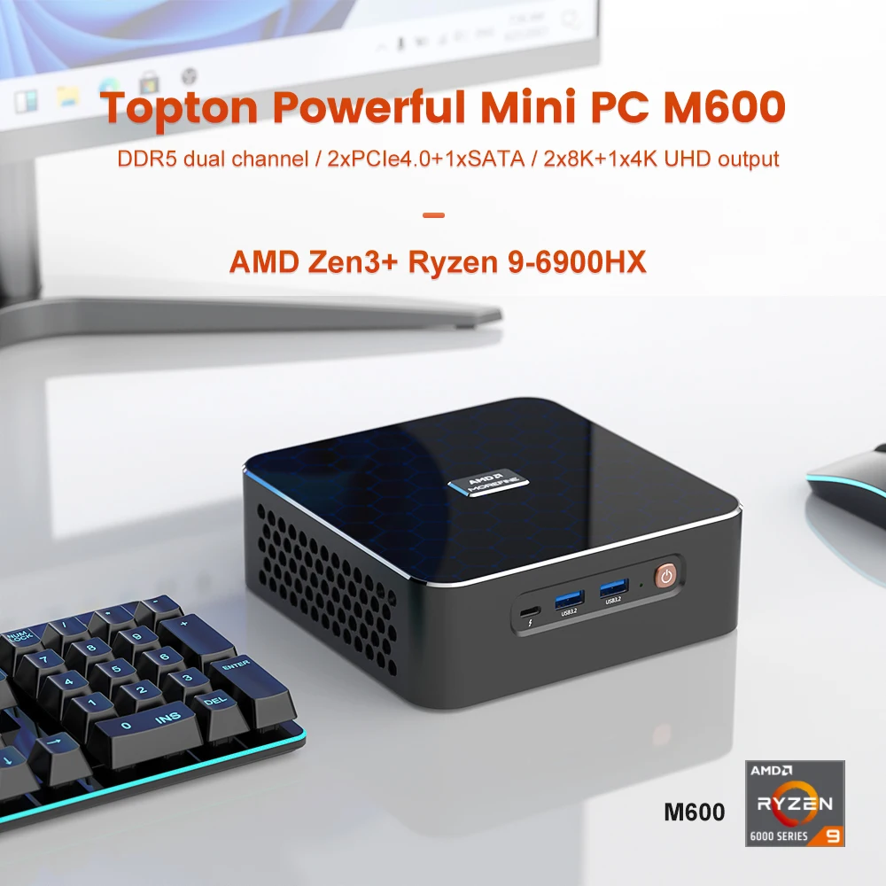 Mini Gaming PC M600 AMD Rzyen 9 6900HX 7 PRO 6850H Radeon 680M 2xDDR5 2xPCIe4.0 2xLAN Windows 11 Pro Mini Computer Desktop WiFi6
