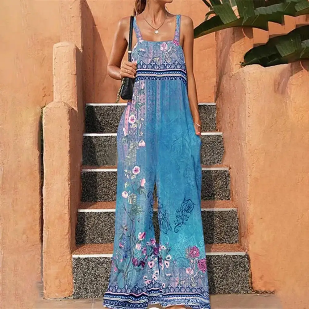 

Женский винтажный комбинезон без рукавов, винтажный комбинезон с квадратным вырезом, широкими штанинами, карманами и цветочным принтом, Летний комбинезон