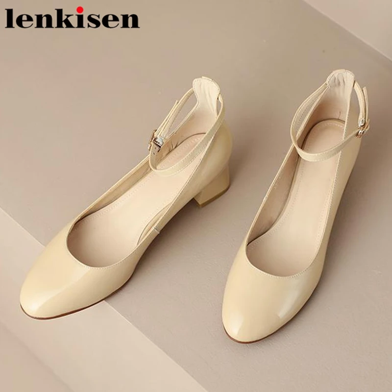 Lenkisen Recommend Cow Split Leather Casual Spring Brand Shoes Classic Solid Sweet Med Heels Ankle Strap Fairy Brand Women Pumps