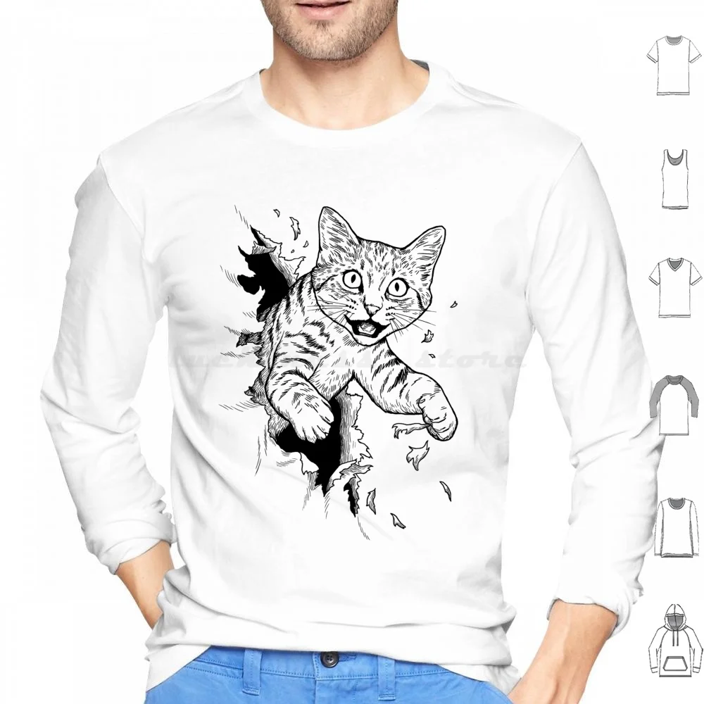 

Cat Busting Through Hoodies Long Sleeve Cat Cats Bust Paws Claws Kitten Funny Animal Humor