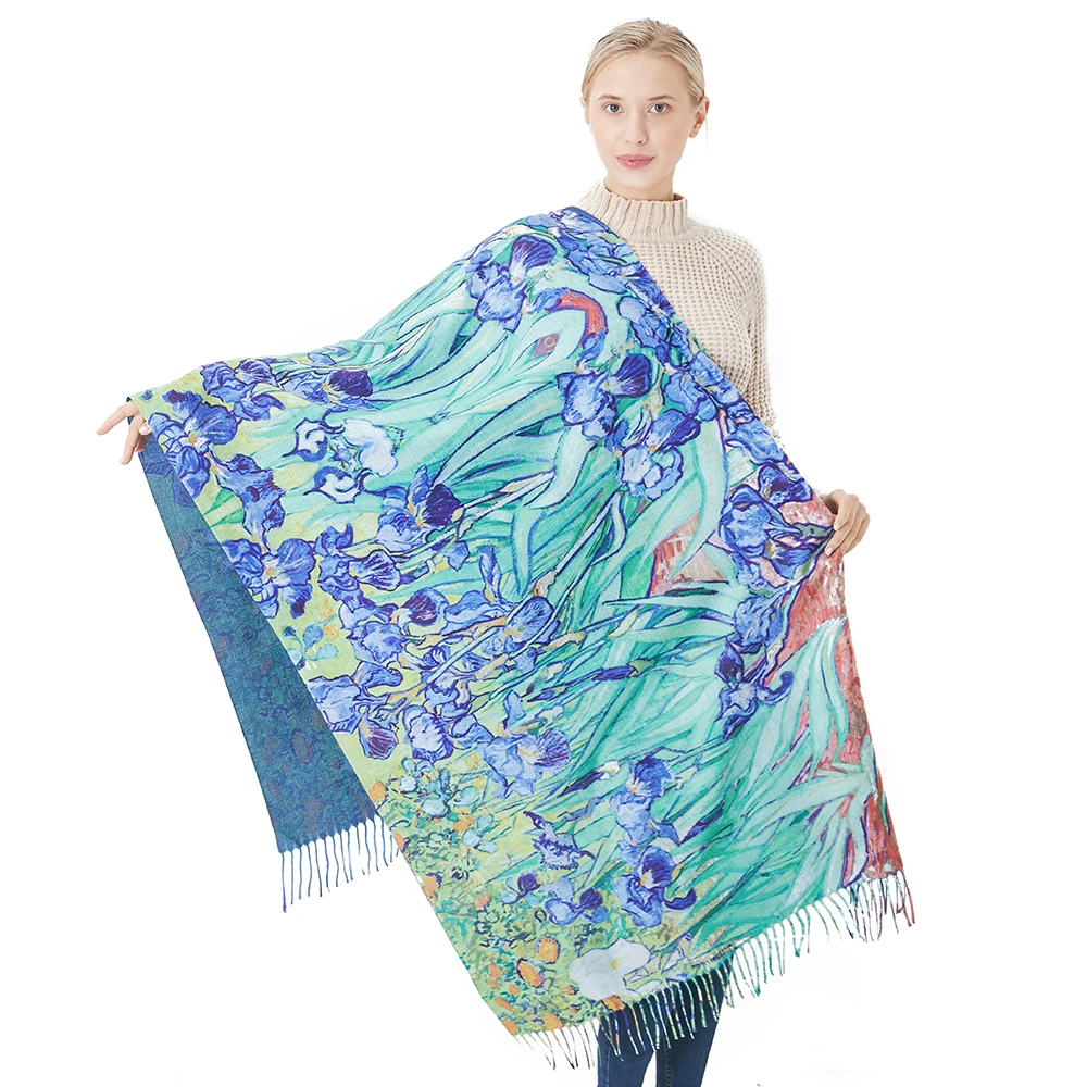Autumn Luxury Cashmere Scarf Women Designer Irises Print Pashmina Shawls Ladies Outdoor Blanket Cap Warm Wrap With Tassels 190cm |