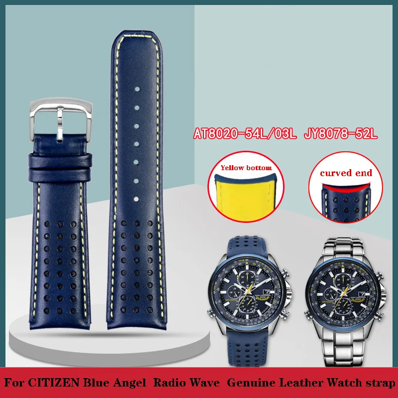 

For CITIZEN Blue Angel Men Radio Wave Watchband AT8020-54L/8020-03L/JY8078 curved end Genuine Leather Watch Bracelet 22mm 23mm