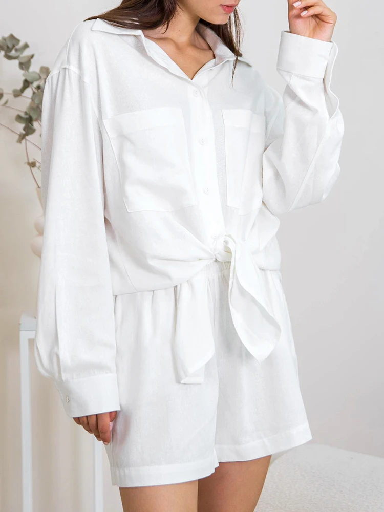 

Linad Loose Pajamas For Women 2 Piece Sets Long Sleeve Sleepwear Female Home Suits With Shorts 2023 Autumn Casual Nightwear