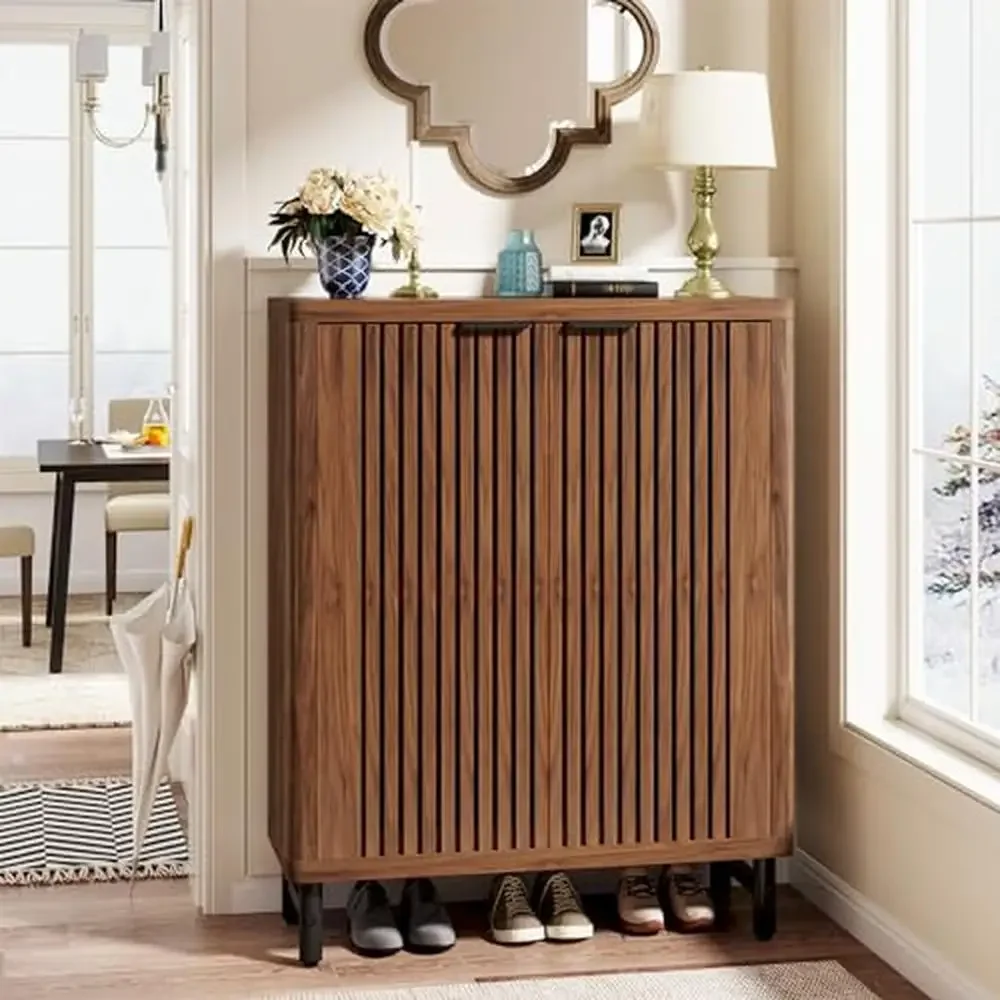 - 6-уровневый шкаф для обуви с жалюзи регулируемые полки деревянный органайзер