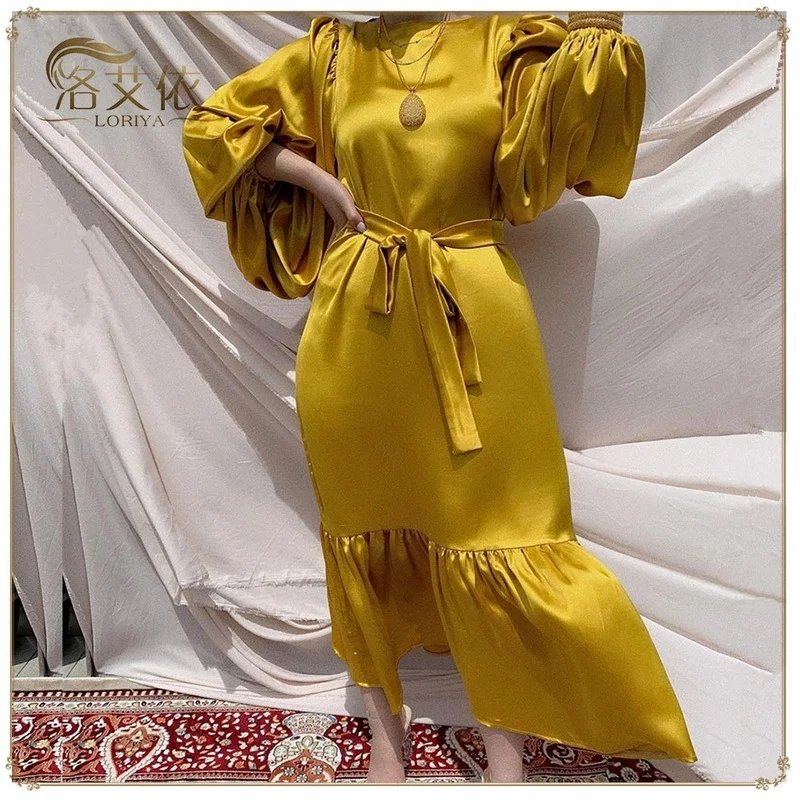 

2022 Summer Women's Muslim DressTunic Bubble Sleeve Dubai Elegant Belt Luxury Fashion New Design Turkish Moroccan Islam Turkey