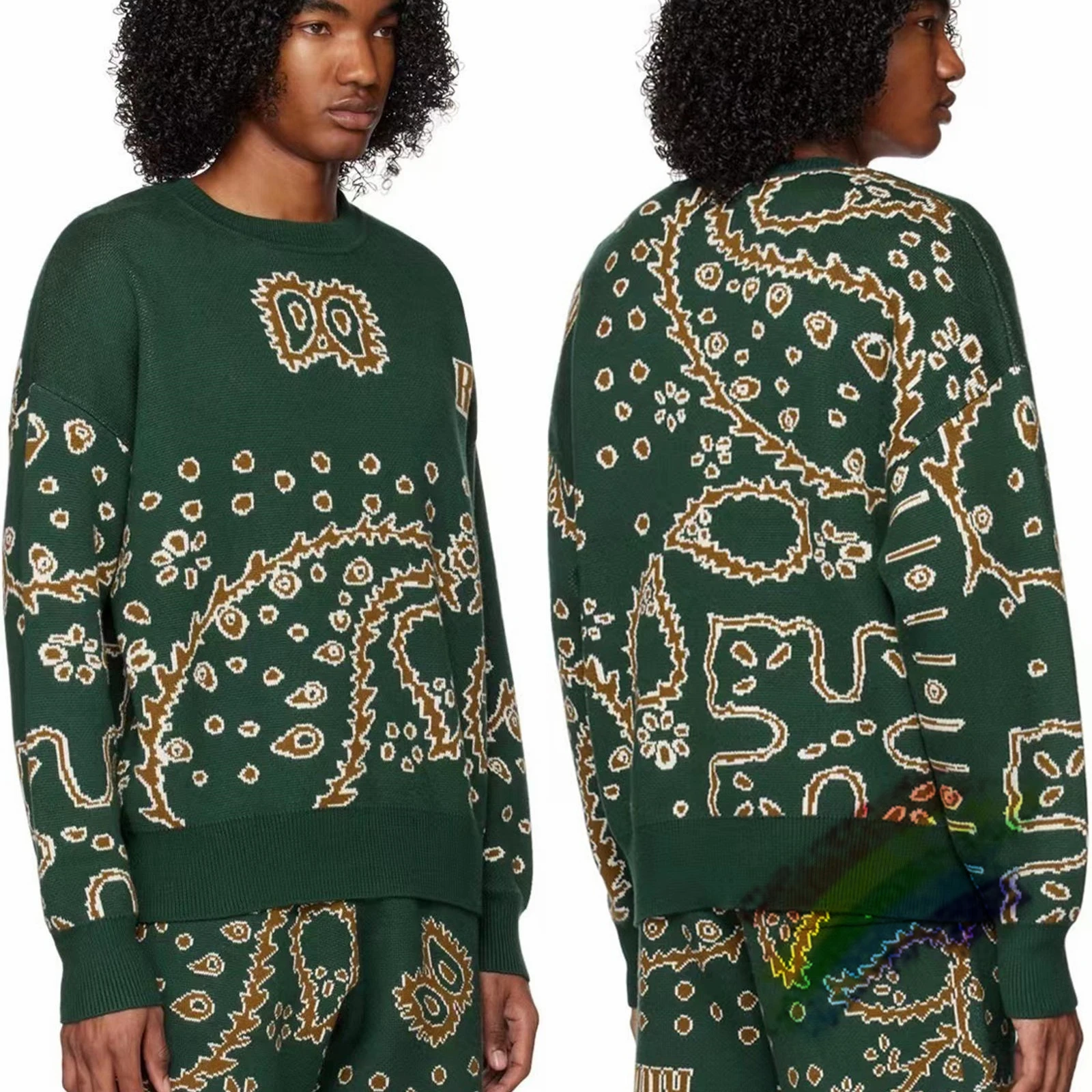 Dark Green Jacquard Rhude Sweater Men Women Top Quality Casual Oversize Sweatshirts