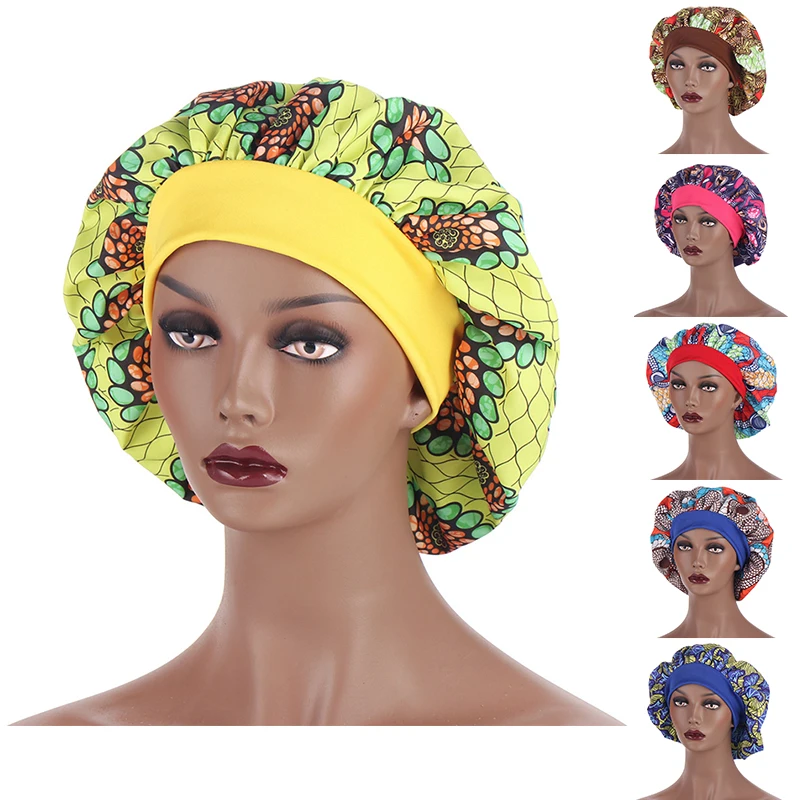 

African Pattern Print Bonnet Hijabs Hat Women Night Sleep Cap Double Layer Satin Turban Extra Large Head Wear Lady Head Wrap Hat