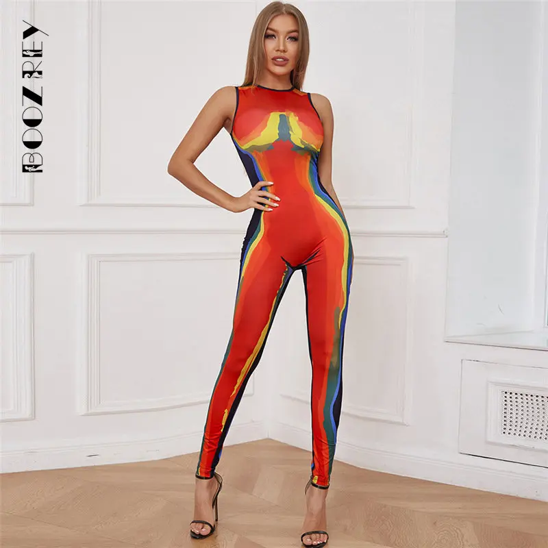 BoozRey 3D Print Color Blocking Jumpsuits Women Aesthetic Fashion Y2K Sleeveless Slim Overall Lady Street One Piece Outfit 2023