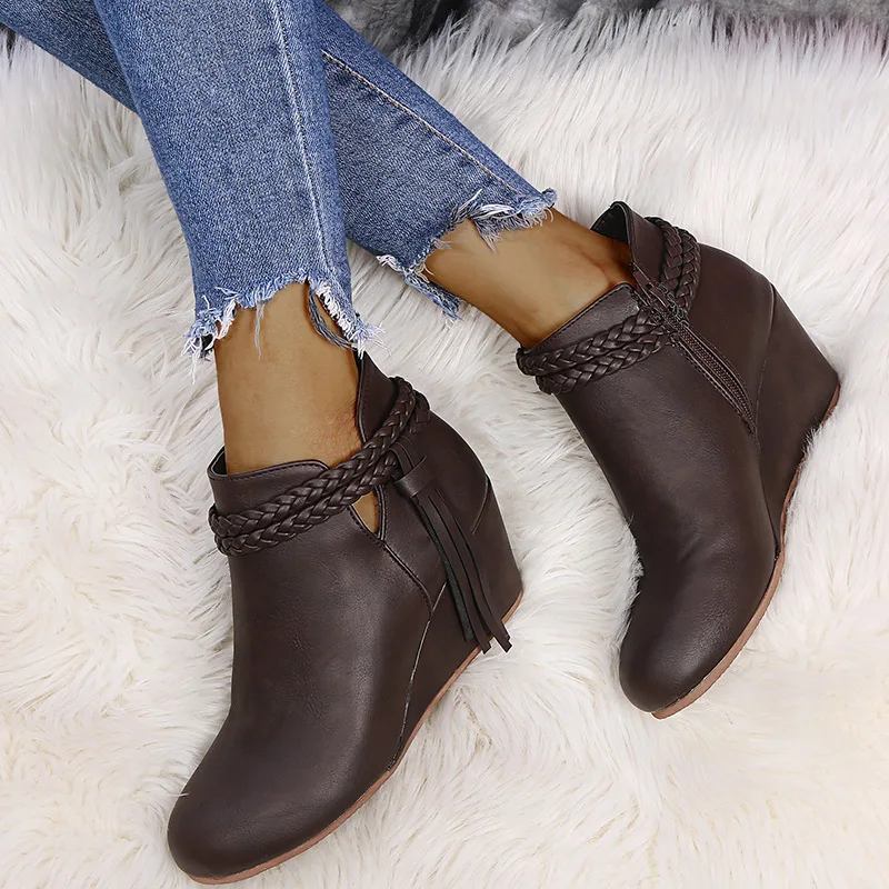 

Vintage Women's Platform Boots Fringe Wedge Boots Women's Solid Color Short Boots Outdoor Casual Women's Shoes Zapatos De Mujer