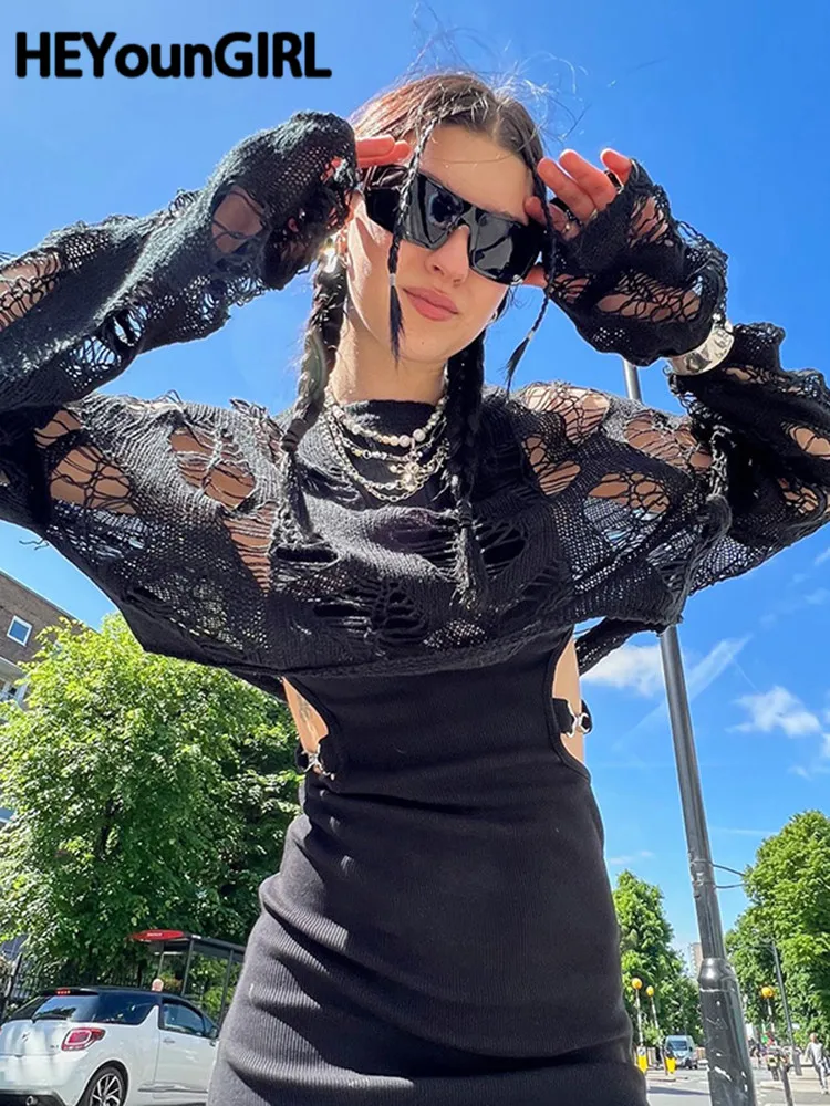 

HEYounGIRL Ripped Hollow Sexy Black Crop Tops Loose High Street Long Sleeve Tshirt O Neck Fashion Goth Tee Pullovers Summer 90s