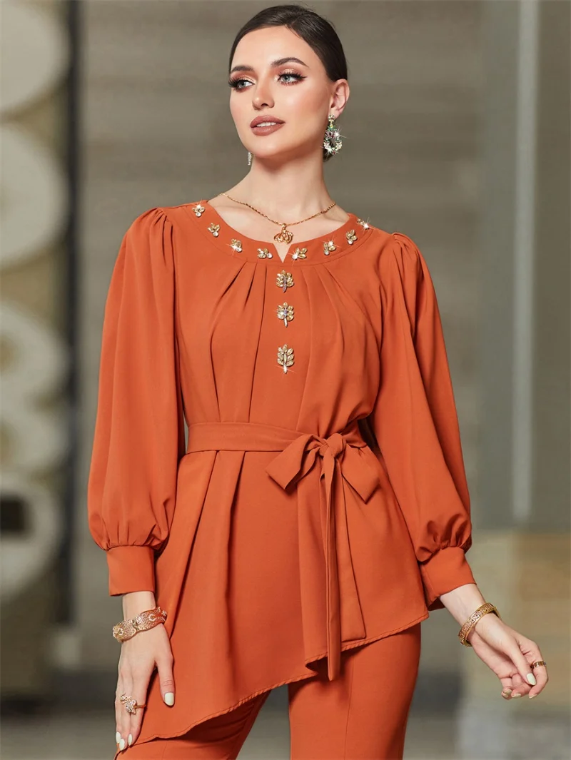 Modest Two Piece Sets Round Neck Fashion Diamonds Mermaid Long Top For Muslim Girls  Women's Trouser And Blouse Sets