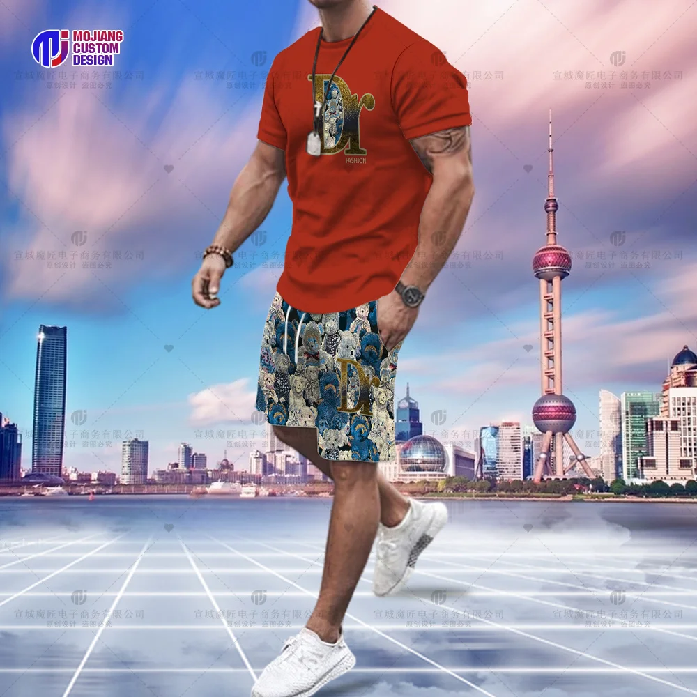Short-Sleeved Suit Men's Top Trend Slim Simple Letter Casual Half-Sleeved T-Shirt Summer Round Neck Bear Pattern Shorts Clothing