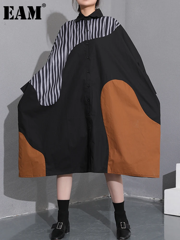 

[EAM] Women Black Contrast Color Striped Big Size Long Dress New Lapel Long Sleeve Loose Fashion Spring Autumn 2022 1DD006801