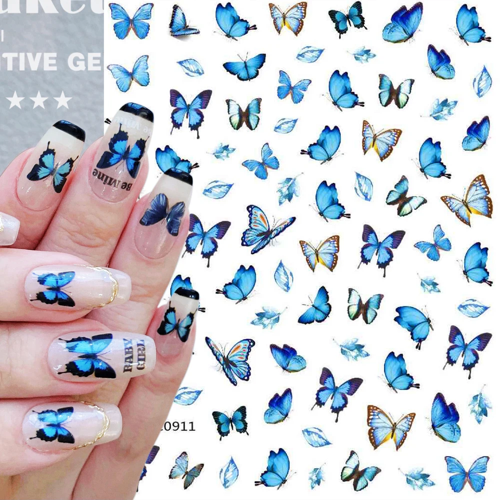 

Blue Yellow Butterfly 3D Nail Sticker Watercolor Flowers Nail Decals Colorful Butterfly DIY Nail Art Decor Manicure Accessories#