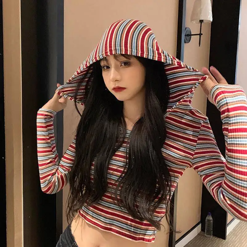 

Long Sleeve T-shirts Harajuku Striped Hooded Women's Clothing Short Woman T-shirts Summer 2022 Y2k Clothes Shirt Women Sexy