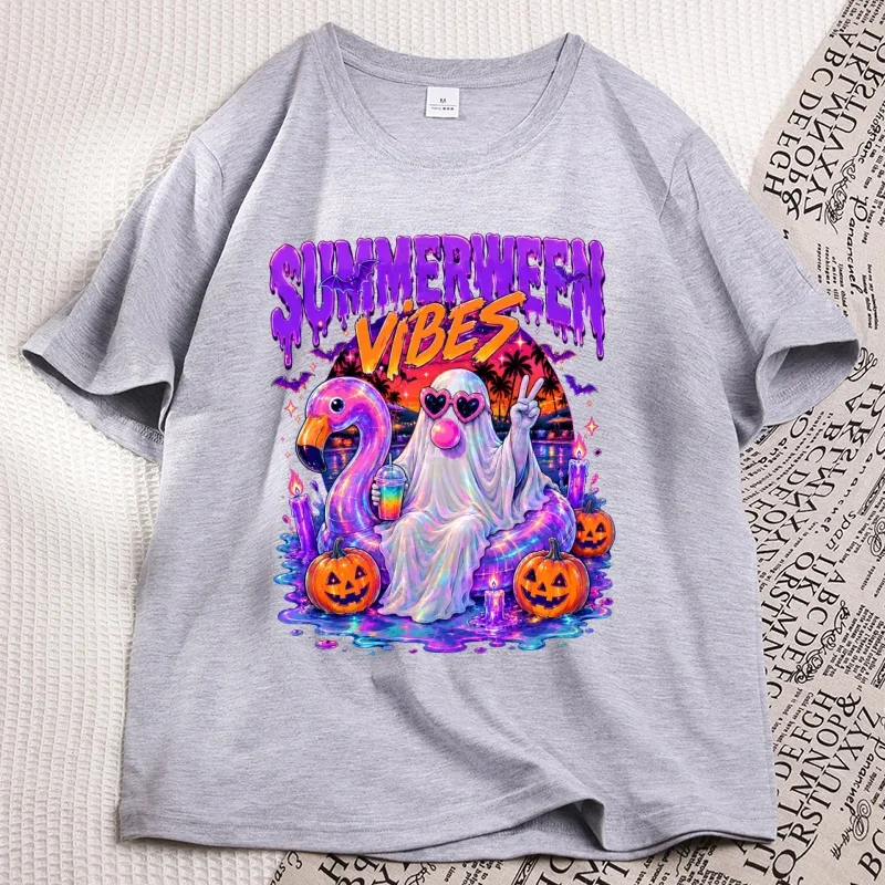Фото Футболки с принтом Spooky Pool Float Blowing Bubble Gum, модные осенние футболки с цветочным принтом, повседневные футболки с круглым вырезом и принтом на Хэллоуин №5