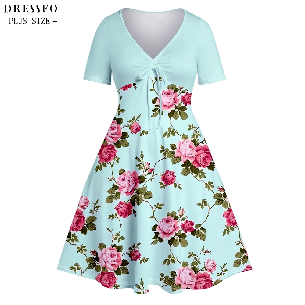 

Dressfo Plus Size Women Flower Print Curve Dress Oversized Casual Leaf Rose Print V Neck Tied A Line Midi Robes