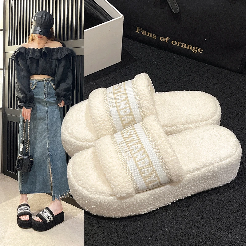 

Winter Women Flat Fur Slippers Fashion Design Luxury Brand Warm Slides Letters Indoor Home Cotton Shoes Fleeces Slippers Wedges