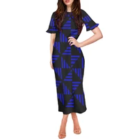 elegant womens dress black stripe print long dress polynesian samoa blue o neck short sleeve womens holiday dress