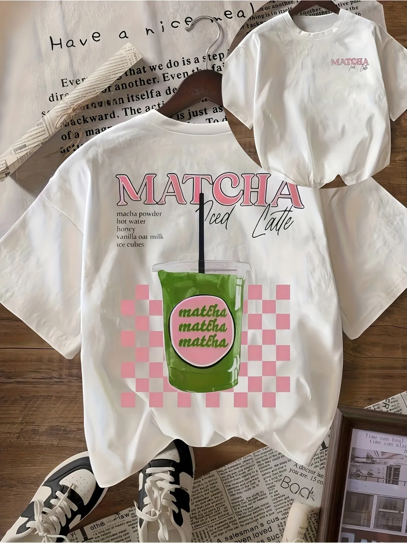 Фото Футболка женская Y2K из 100% хлопка с цветочным принтом в стиле Matcha Coffee для любительниц кофе, мягкая, с круглым вырезом, с коротким рукавом, летняя №1