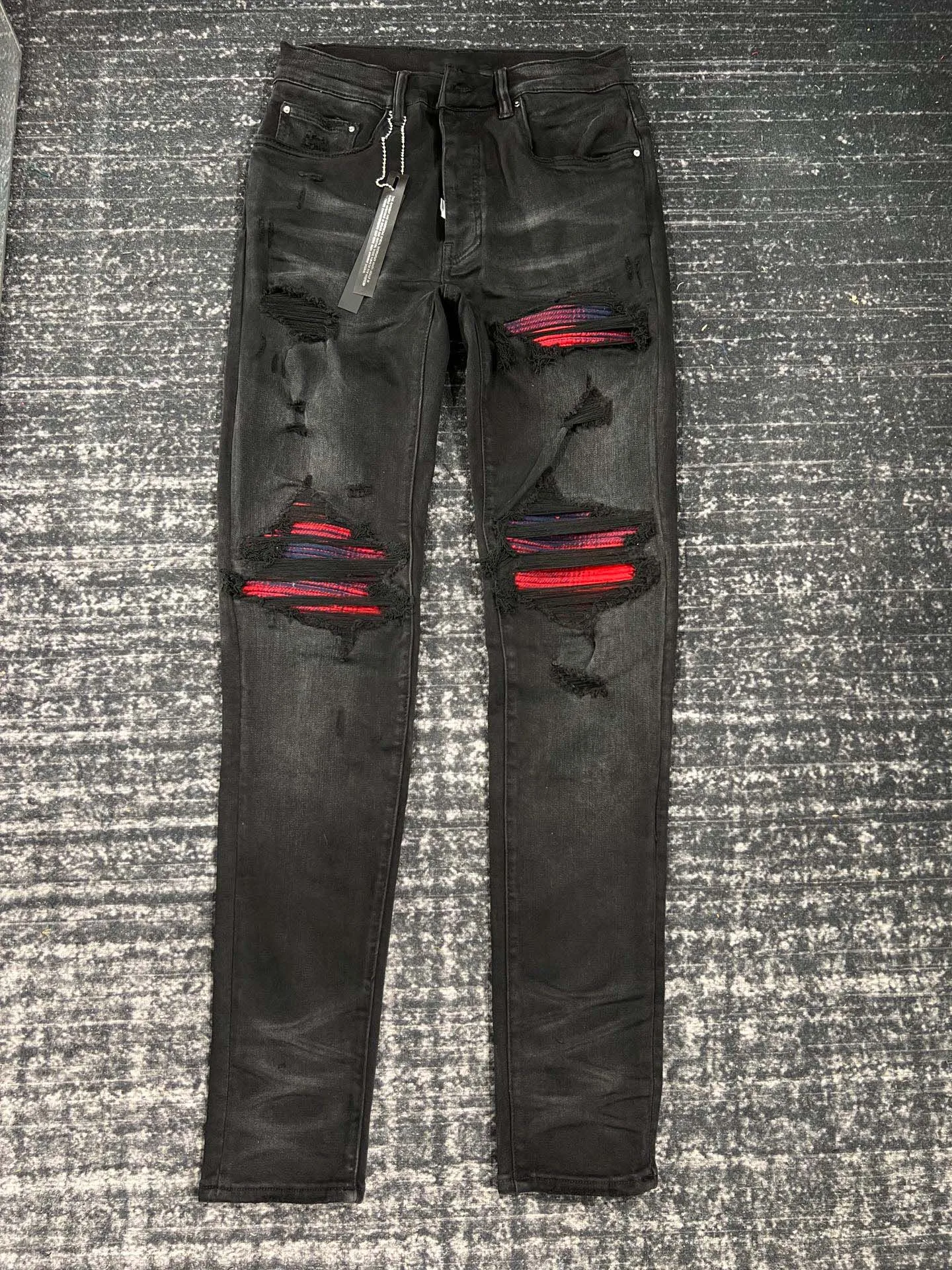 men red flannel patch distressed jeans