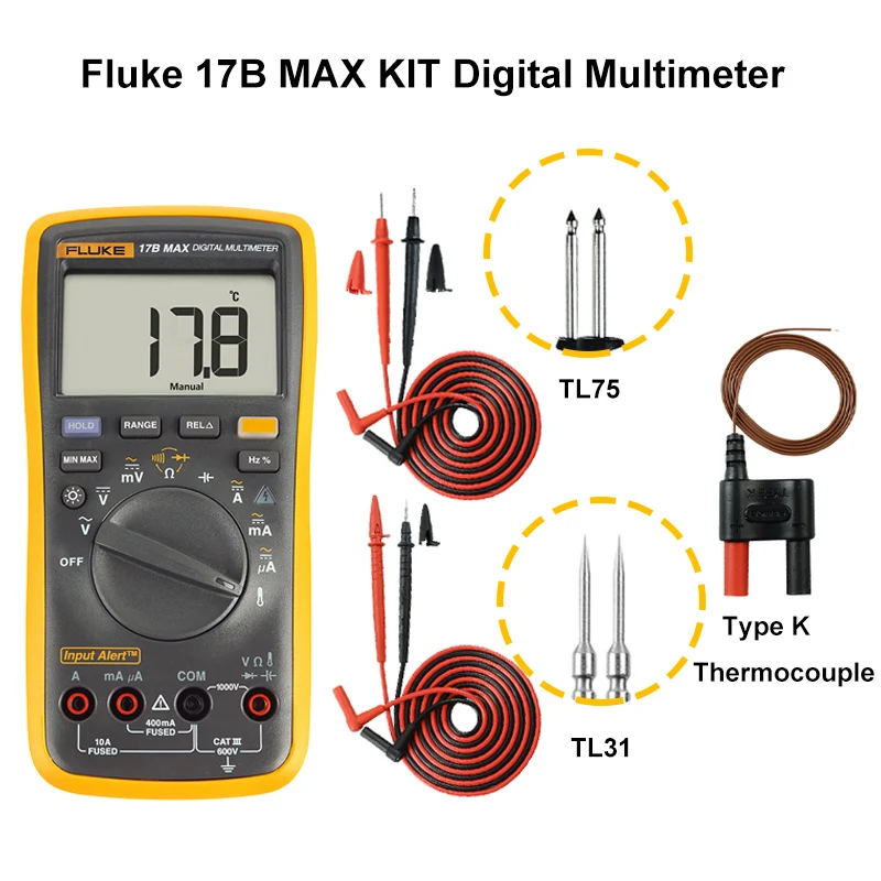 

Fluke 15B Max Fluke 17B Max Digital multimeter AC/DC Voltage Current Capacitance Ohm Temperature Tester Auto/Manual Range