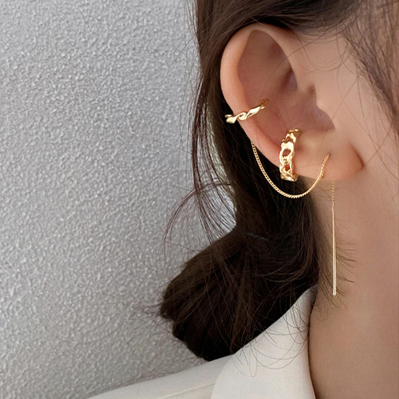 New Fashion Zircon Shining C Shape Long Tassel Ear Cuff No Piercing Earrings Female Design Simple Ear Clip Party Jewelry