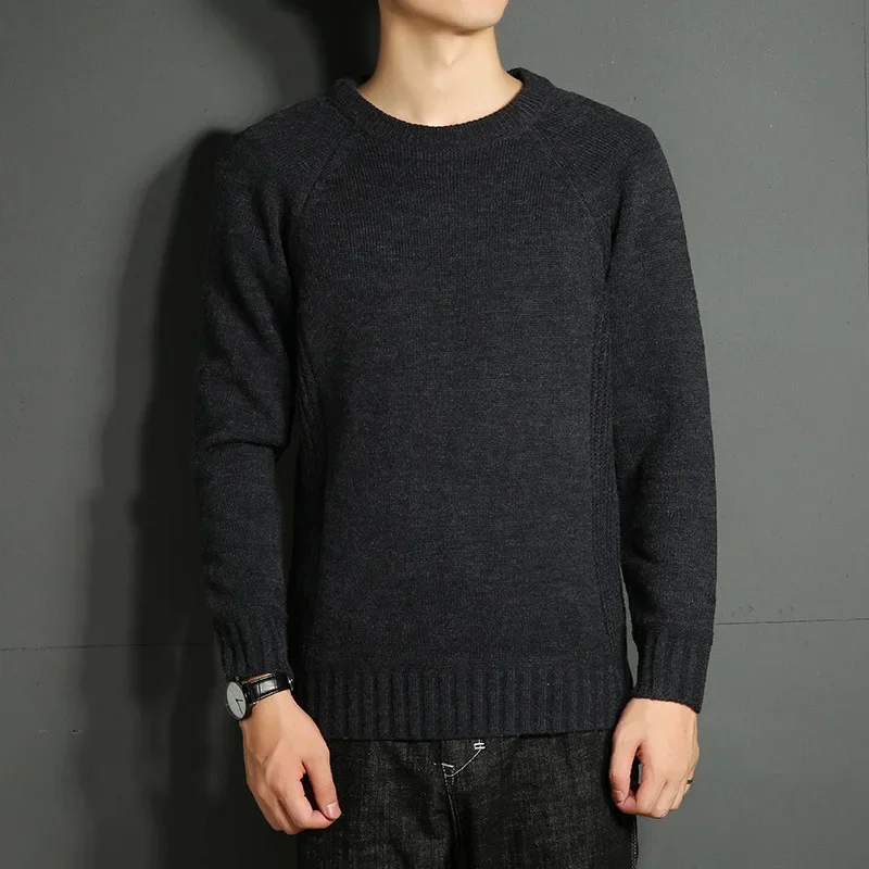 Мужской осенне-зимний однотонный свитер с круглым вырезом молодежная вязаная