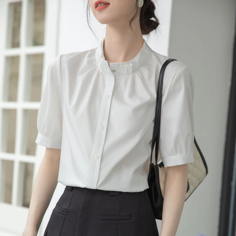 Модная женская рубашка с коротким рукавом и воротником-стойкой Офисная Женская