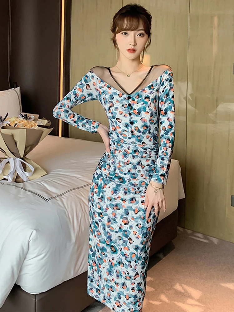 

Spring Autumn Cotton Elegant Women Dress Mesh Sheer Sexy V-Neck Bodycon Midi Dresses Party Street Stretchy Femme Mujer Vestidos