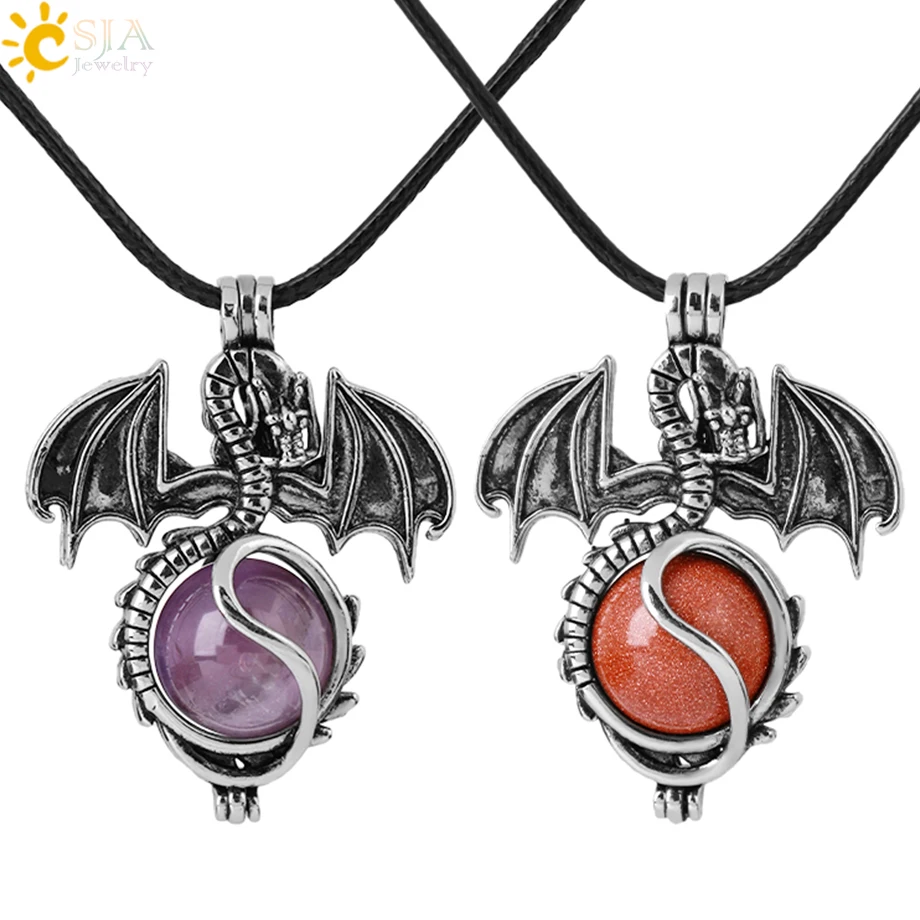 

CSJA Vintage Dragon Necklace 16mm Natural Stone Crystal Pendant Necklaces for Women Amethysts Pink Quartz Tiger Eye Jewelry H068