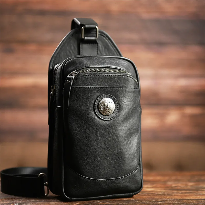 Simple and casual Top layer Cowhide black chest bag  youth daily outdoor sports hand-designed real leather diagonal bag for men