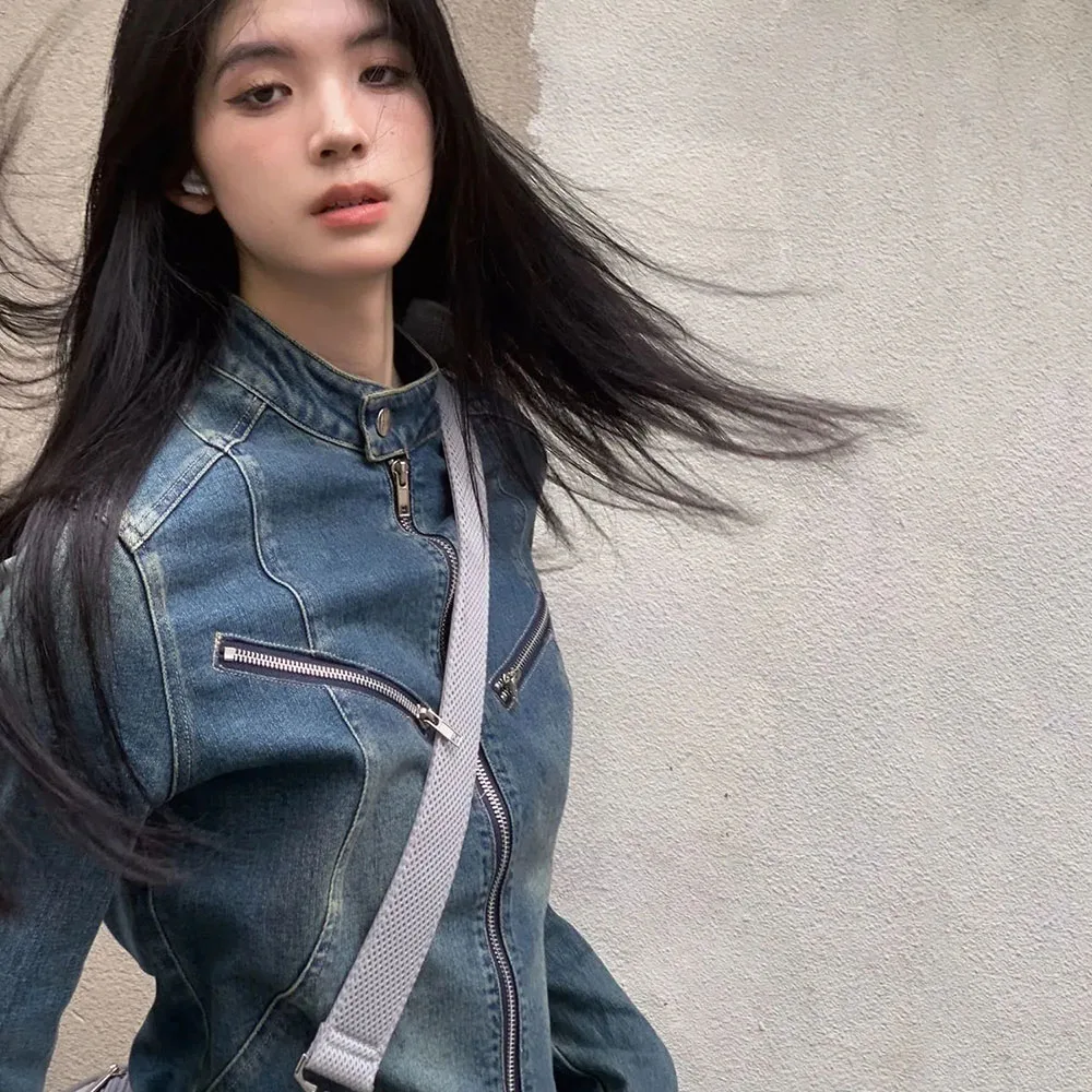 Осень 2024 уличная одежда джинсовые куртки женские Y2k сексуальные ретро стираные