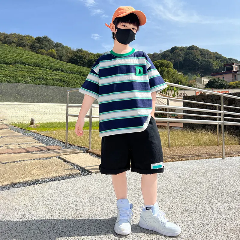 Big Boys Clothes Summer 2022 Sport Outfits T-Shirt+Shorts 2 PCS Kids Striped Print Children Clothing Sets Teen 6 8 9 10 12 14Yrs