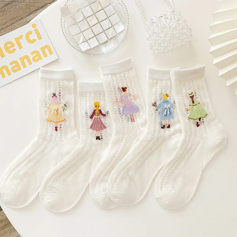 

New Fashion Summer Women Socks Mesh Thin Breathable Japanese Kawaii Socks Cartoon Print Harajuku Lolita Sweet Girls Cute Socks