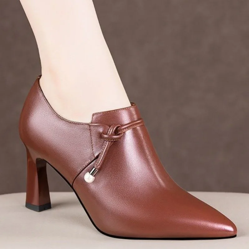 

High-heeled Single Shoes Spring Autumn Stiletto Women Pointed-toed Genuine Leather Shoes Professional Deep-mouth Women's Shoes