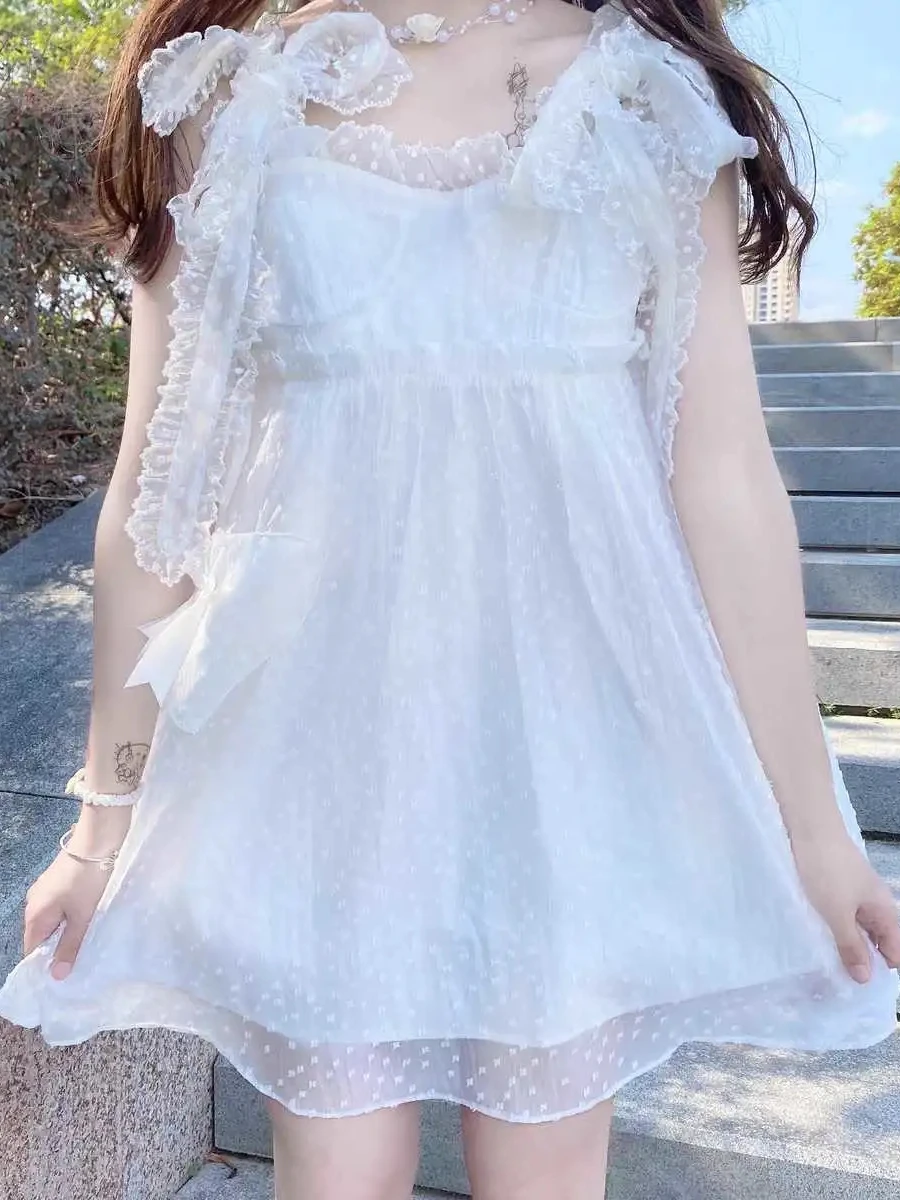 

QWEEK Sweet Kawaii White Lolita Slip Mini Dress Women Cute Bandage Ruffles Mesh Lace Short Dresses Bow Japanese 2022 Summer