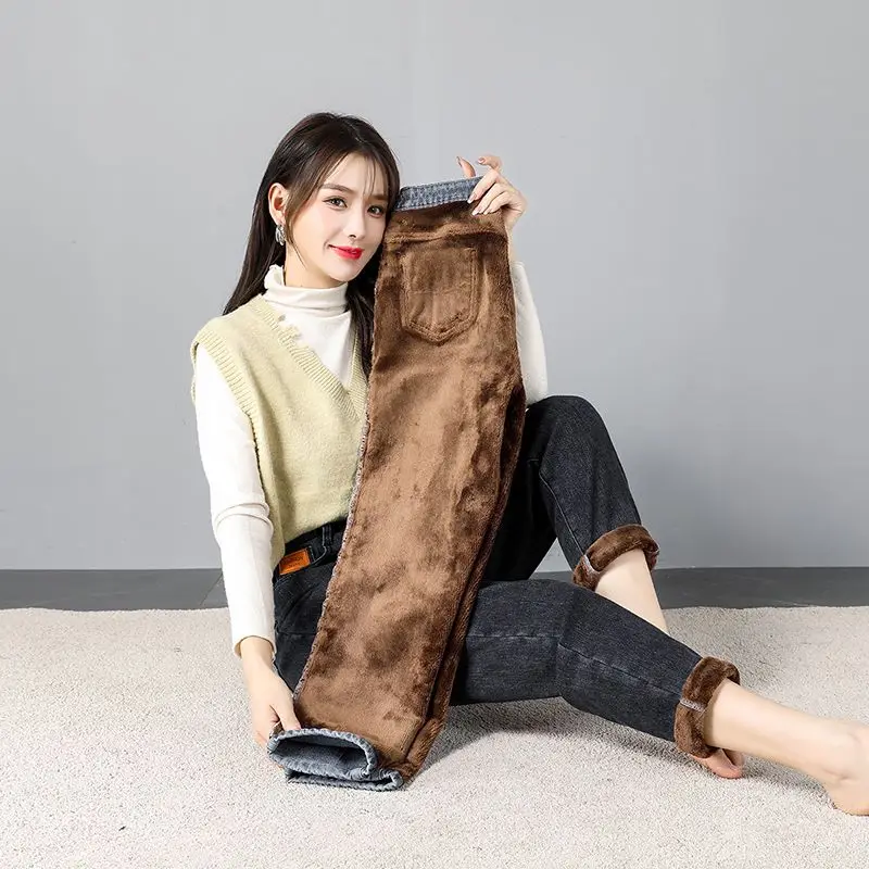 

Korean Women Winter Fleece Jeans High Waist Warm Stretch Denim Harem Pant Thickening Trousers Fall Pantalones De Mujer 0015