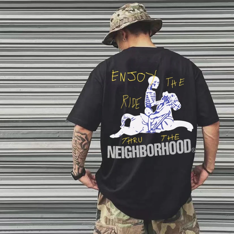 

Men and Women Catcus Jack Neighborhood Ride Horse Print Short Sleeve Tshirts Round Neck Cotton Oversized Loose Casual T Shirt